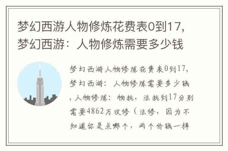 梦幻西游人物修炼花费表0到17,梦幻西游：人物修炼需要多少钱-APD