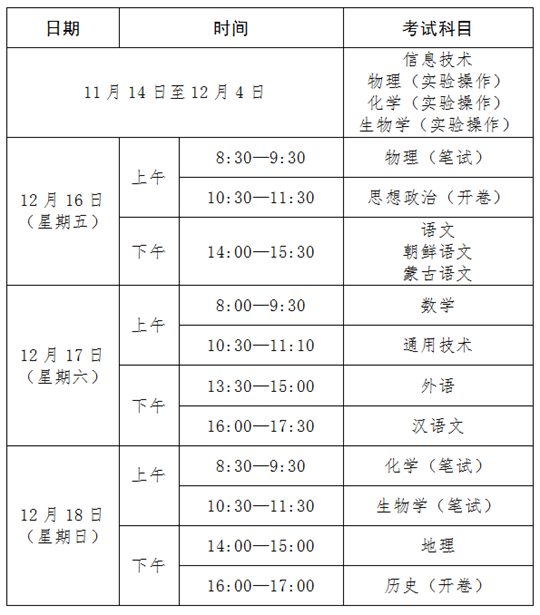 2022年下半年吉林省普通高中学业水平合格性考试日程表 第1张